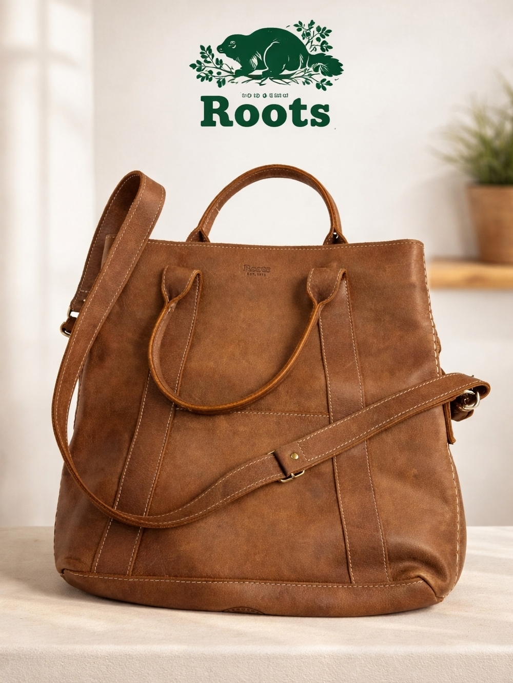 Roots Tan Leather Tote Measured At 14" Length X 12" width; Base 3"